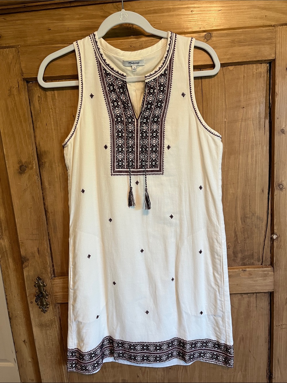 Madewell Cream Sleeveless Embroidered Shift Dress with Black Accents